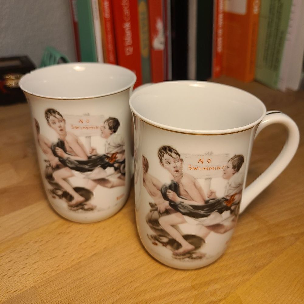 Norman Rockwell "No Swimming" mug set